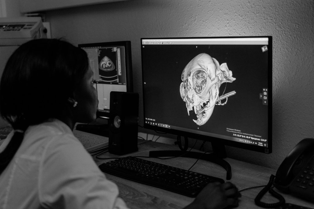 A woman analyzes medical diagnostics on screen in a black and white office setting.